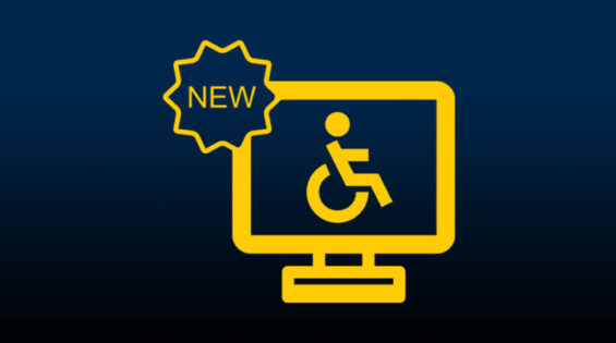 icon of a computer with a wheelchair on the screen and a new sticker on the side of the screen.