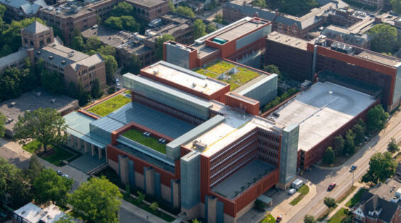 aerial photo of campus including the Ross Business School.