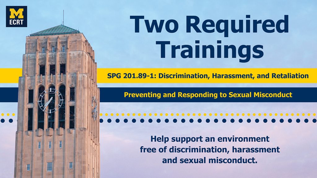 Image of clock tower with accompany text that reads: Two required trainings along with training module titles.