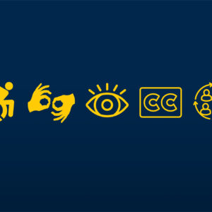 Icons for wheelchair user, ASL, vision, Closed Captioning, and a group.