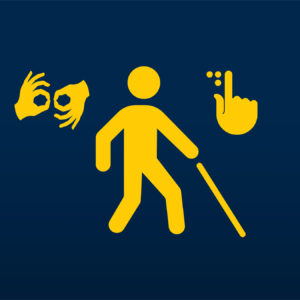 Stick figure walking with a mobility cane between two smaller hands signing the ASL sign for “interpret” and a smaller hand reading braille.