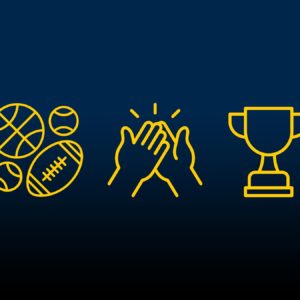 Football, baseball, basketball icons with clapping hands and a trophy