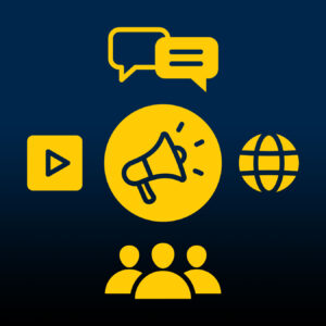 Icons of a megaphone, play button, chat, a globe, and 3 people