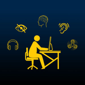 A person at a computer desk surrounded by icons for headphones, low vision, brain, hearing aid, fidget tool.