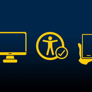 Icons for a computer monitor, accessibility ally, and a hand holding a cell phone
