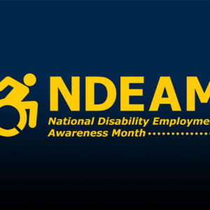 A rolling wheelchair icon and NDEAM: National Disability Employment Awareness Month