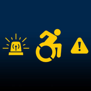 Icons for a visual alarm, a rolling wheelchair, and a hazard symbol